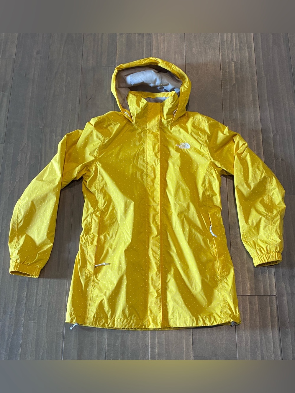 The North Face Rain Jacket Womens Medium Yellow Polka Dot Lightweight Hooded